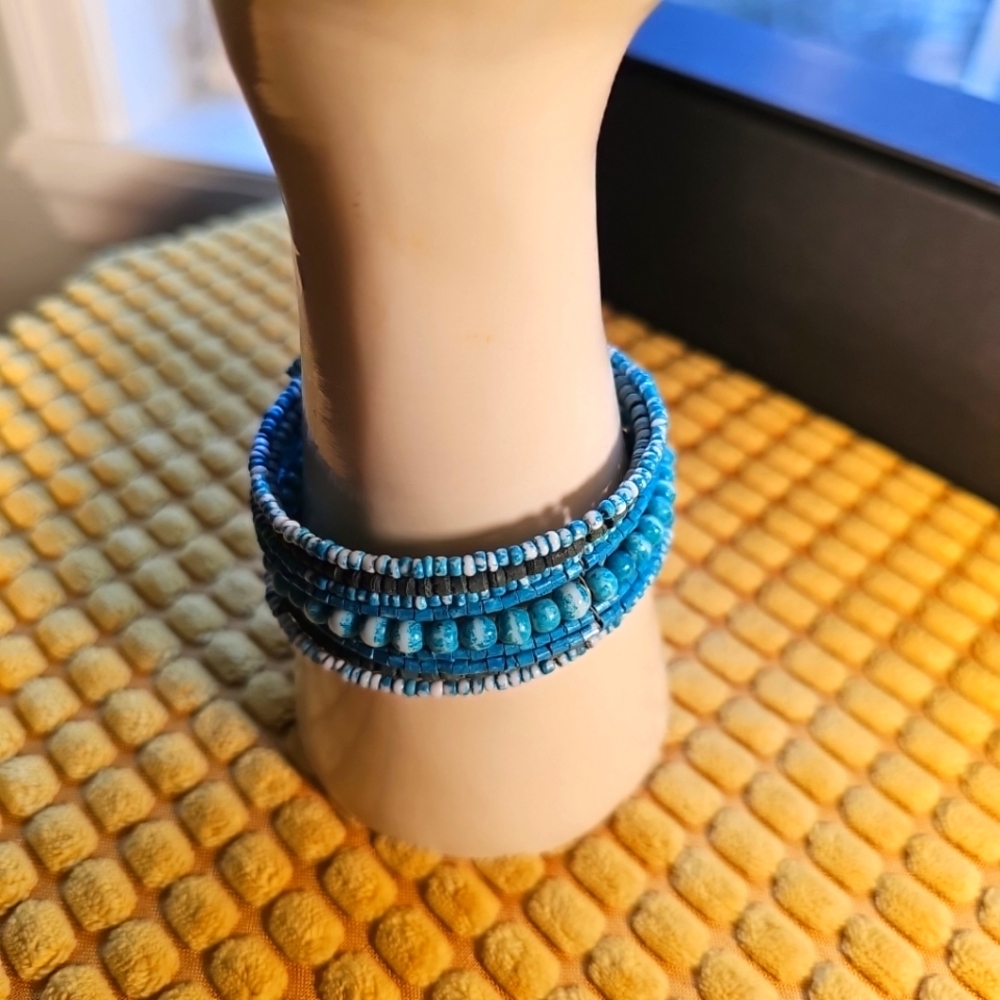Faux Turquoise Black Beaded Layered Cuff Bracelet